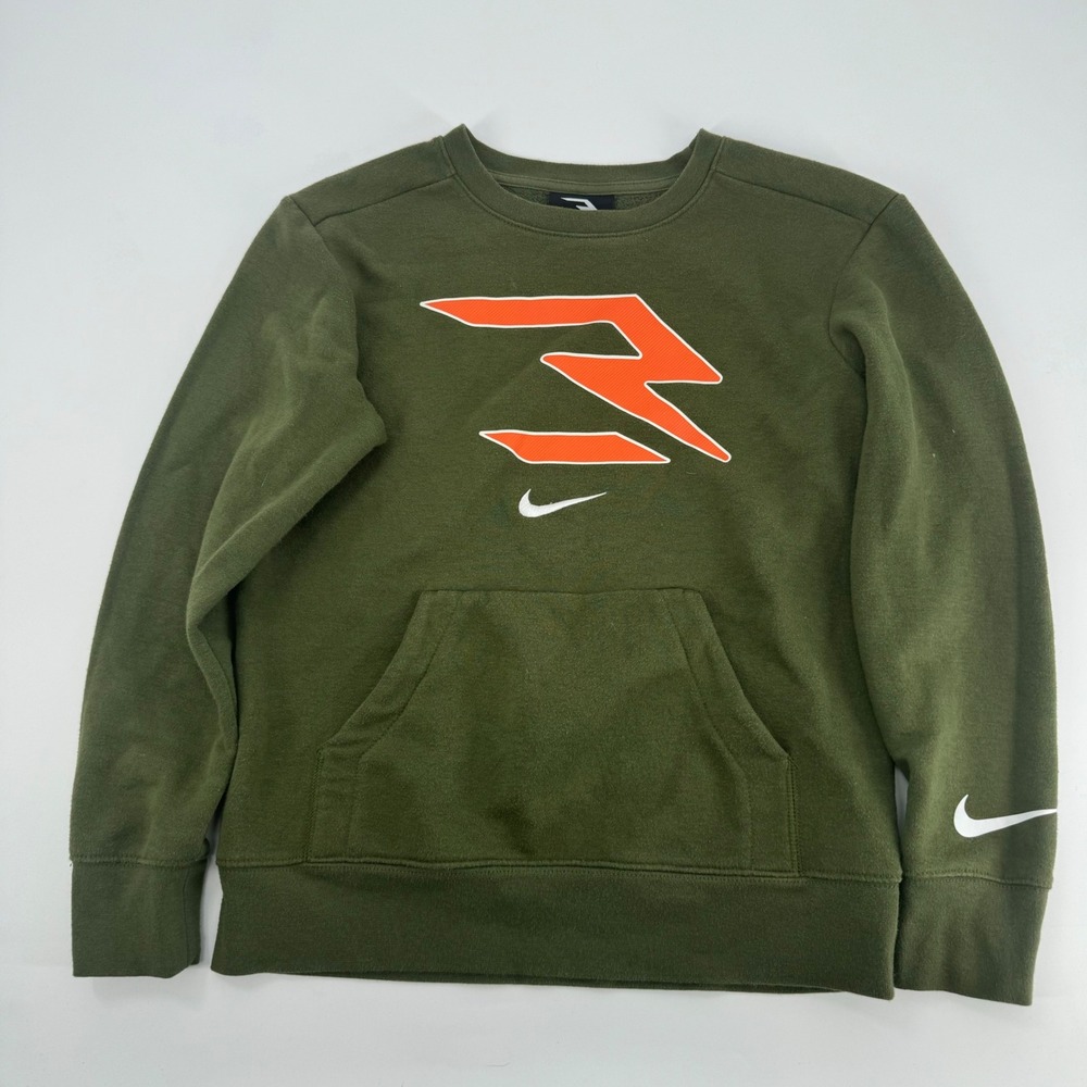 Nike Kids Youth M Green Orange 3 Graphic Pullover‎ Sweatshirt Crewneck Pocket